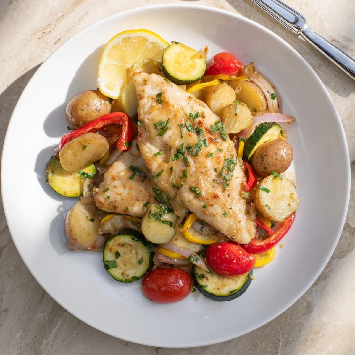 Golden lemon butter tilapia sheet pan with juicy vegetables, ready to be served for dinner.