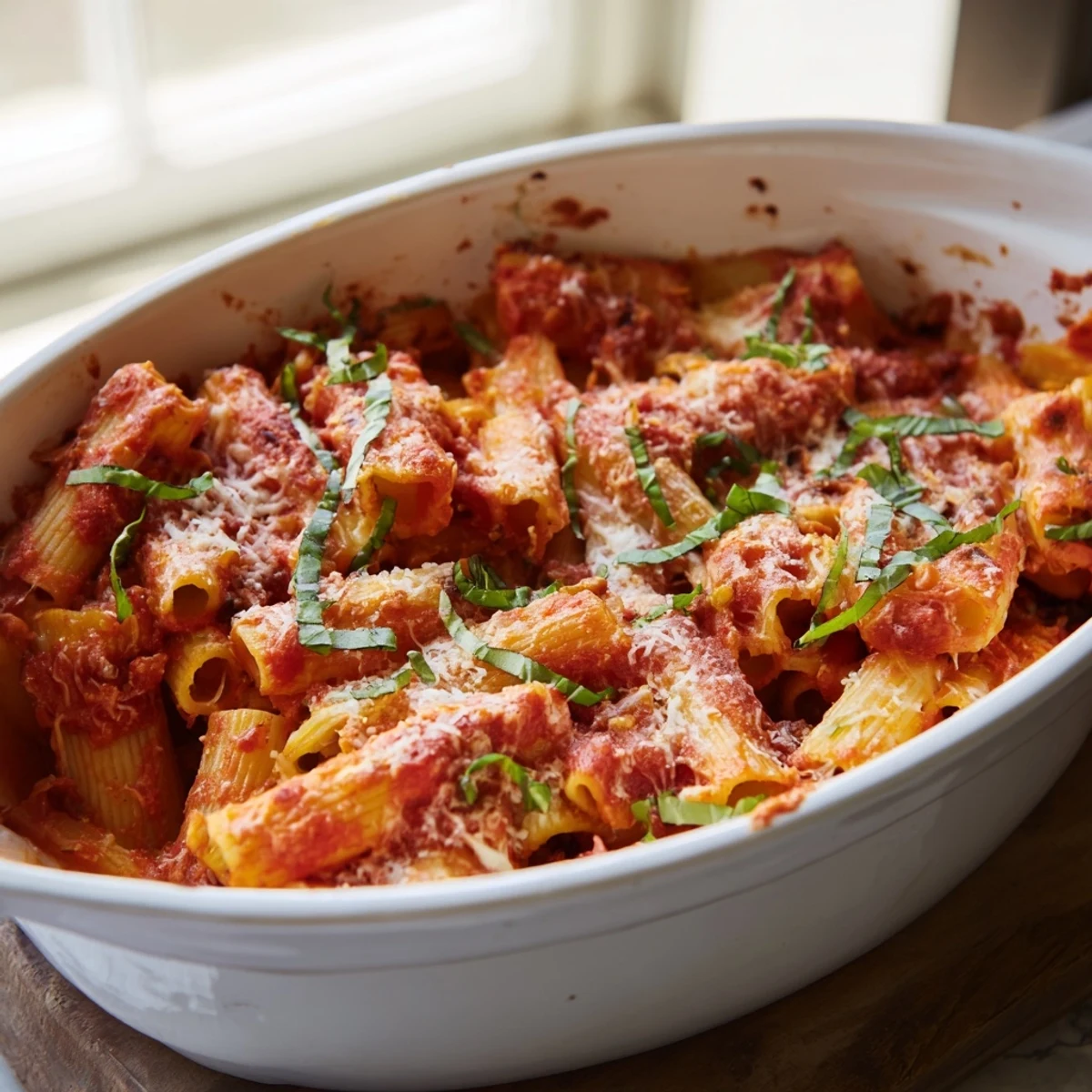 A warm, comforting bowl of slow cooker baked ziti, ready to serve with a sprinkle of fresh herbs.