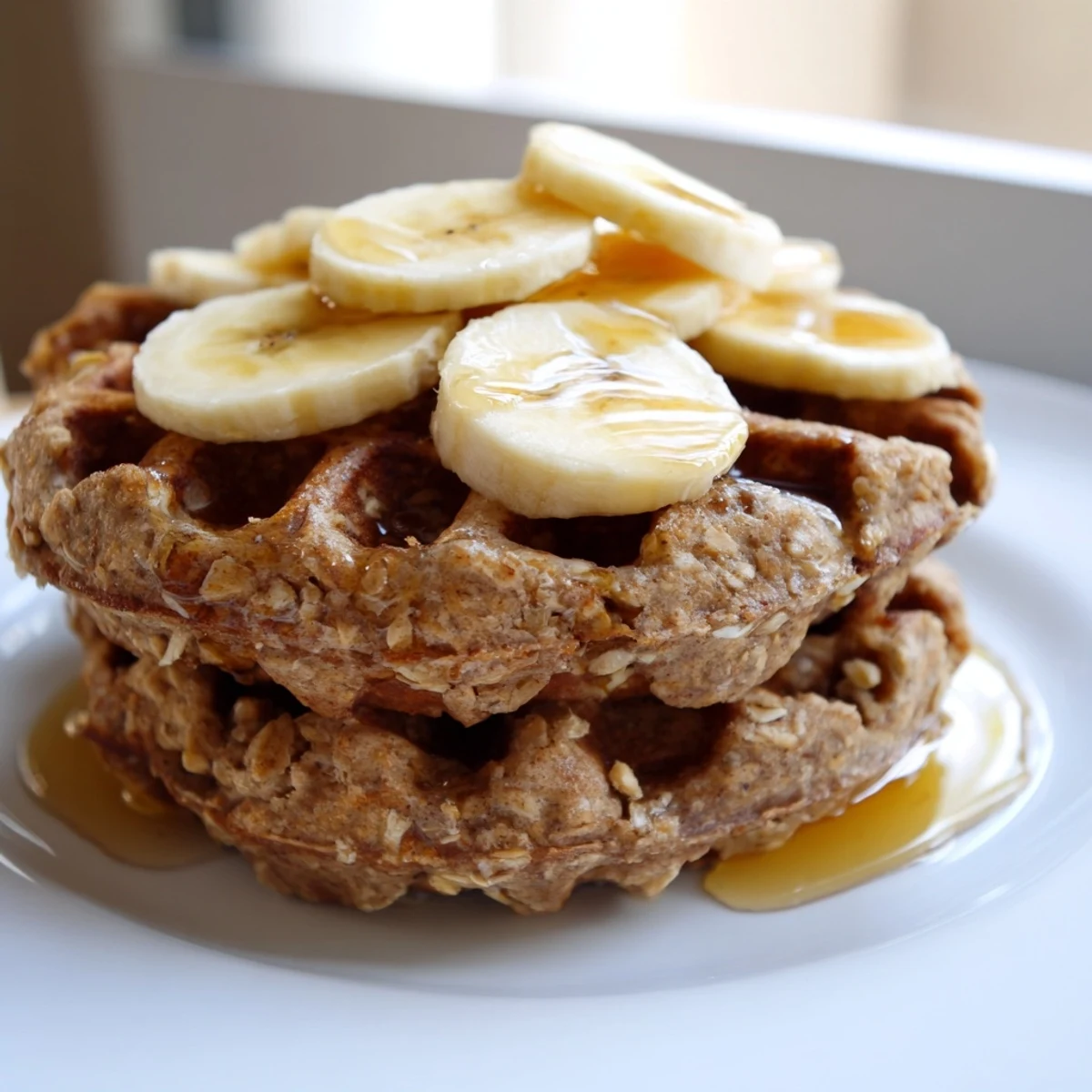 Fluffy homemade banana oat waffles, topped with fresh fruit and drizzled maple syrup, ready to enjoy.