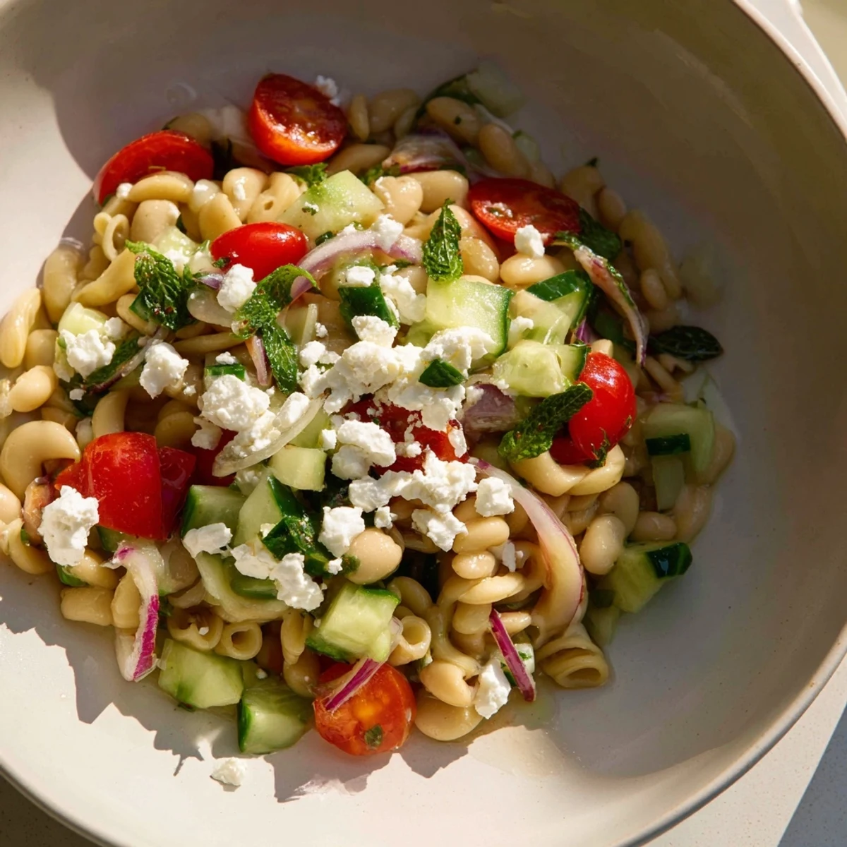 Vibrant Mediterranean white bean salad with creamy feta and colorful veggies, a refreshing lunch.