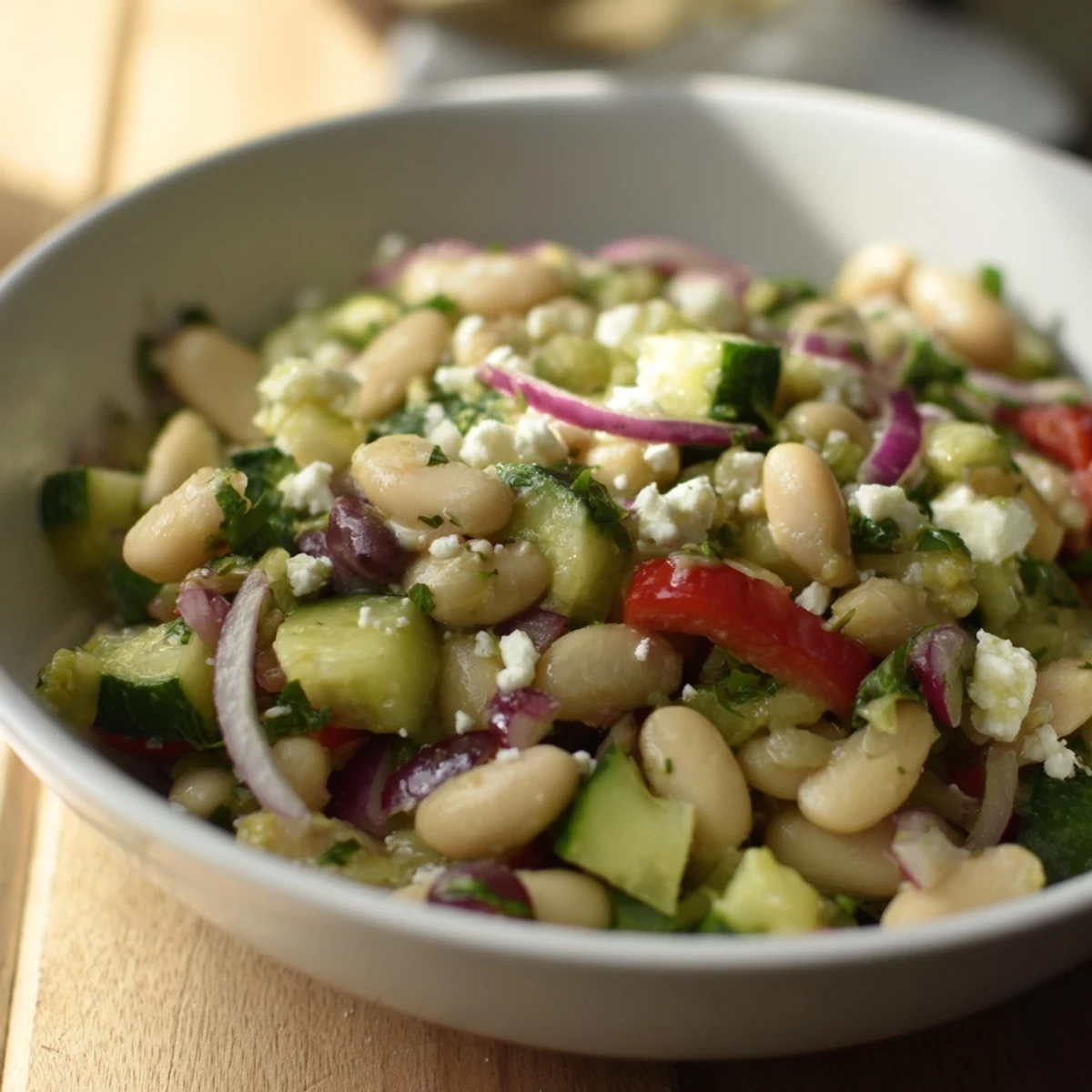 Enjoy a chilled, gluten-free Vibrant Mediterranean white bean salad, drizzled with olive oil and herbs.