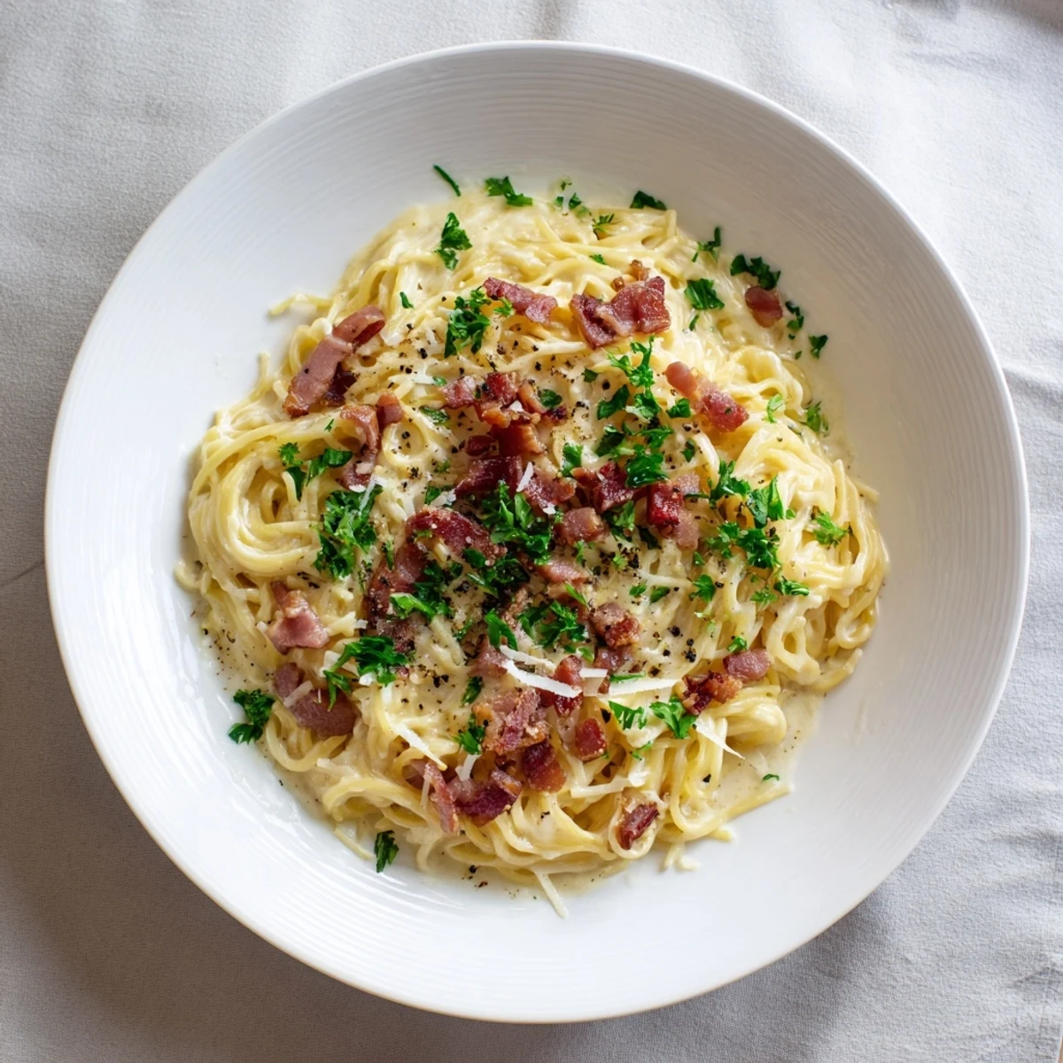 A steaming bowl of Instant Pot Carbonara Ramen, with rich egg yolk sauce and fresh parsley garnish.