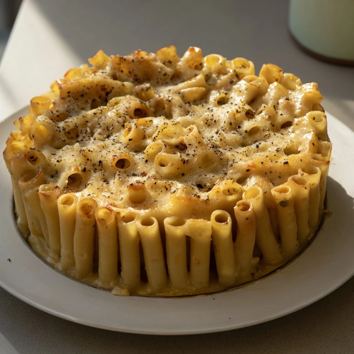 Close-up of a rustic Cacio e Pepe Pasta Pie, showcasing a pepper-infused cheese filling.
