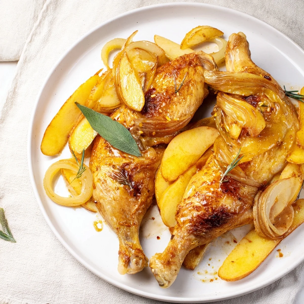 Golden brown Easy Cider-Glazed Chicken Thighs nestle beside sweet apples, glistening with a savory glaze.