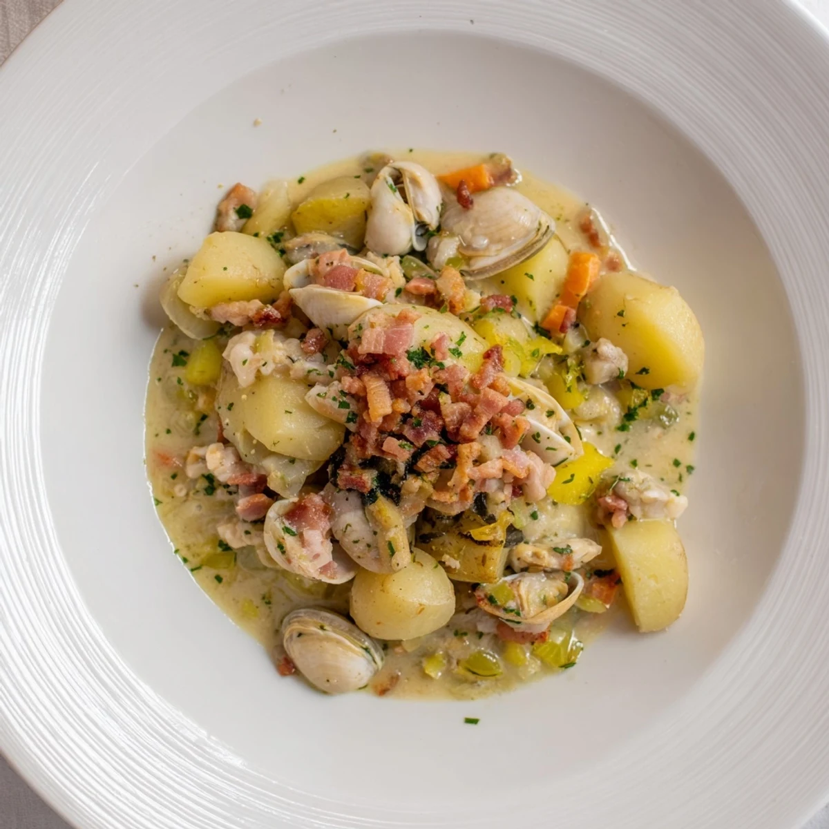 This photo shows a creamy, flavorful bowl of New England Clam Chowder with bacon and parsley garnish.