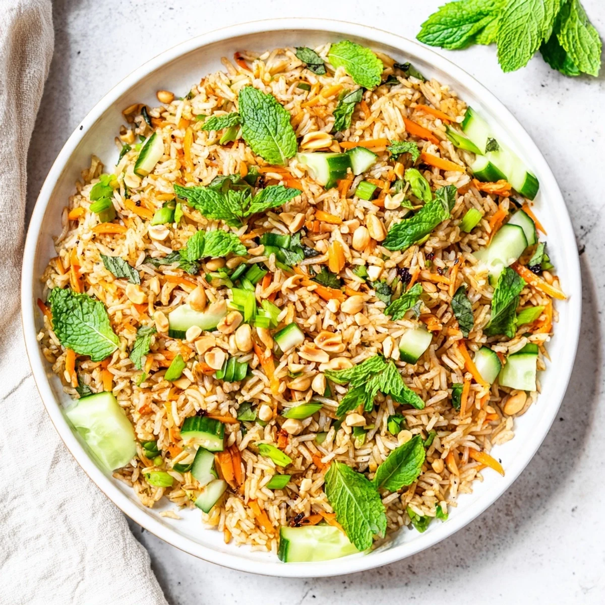 Enjoy this refreshing crispy cucumber rice salad, a flavorful vegetarian meal option.