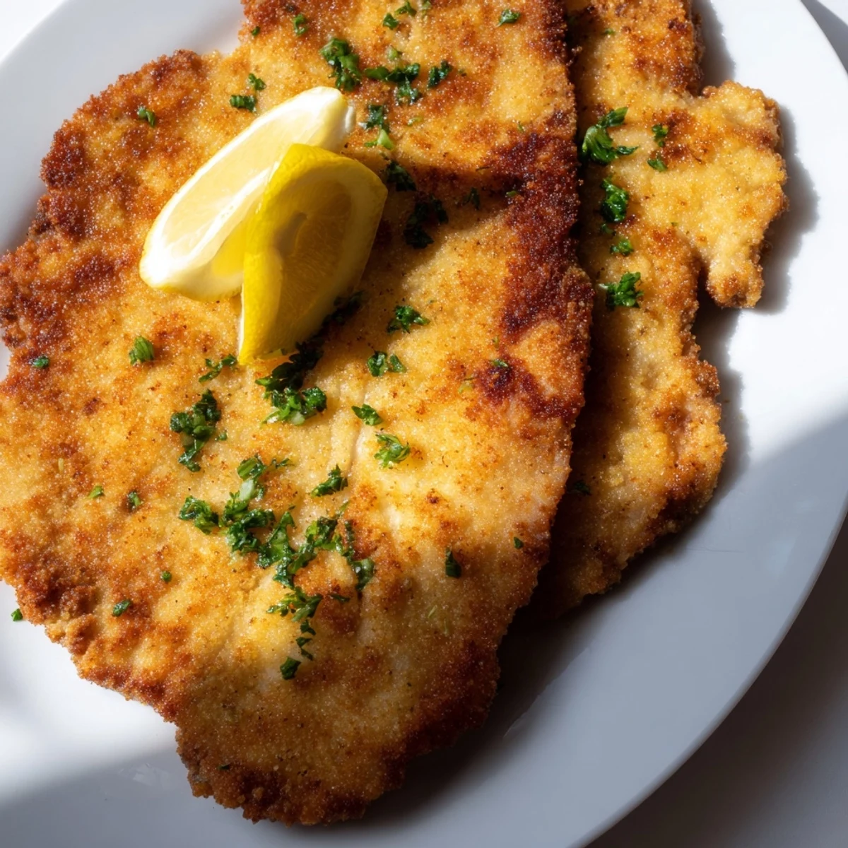 Golden, crispy Air Fryer Wiener Schnitzel served with lemon wedges; perfect for dinner!