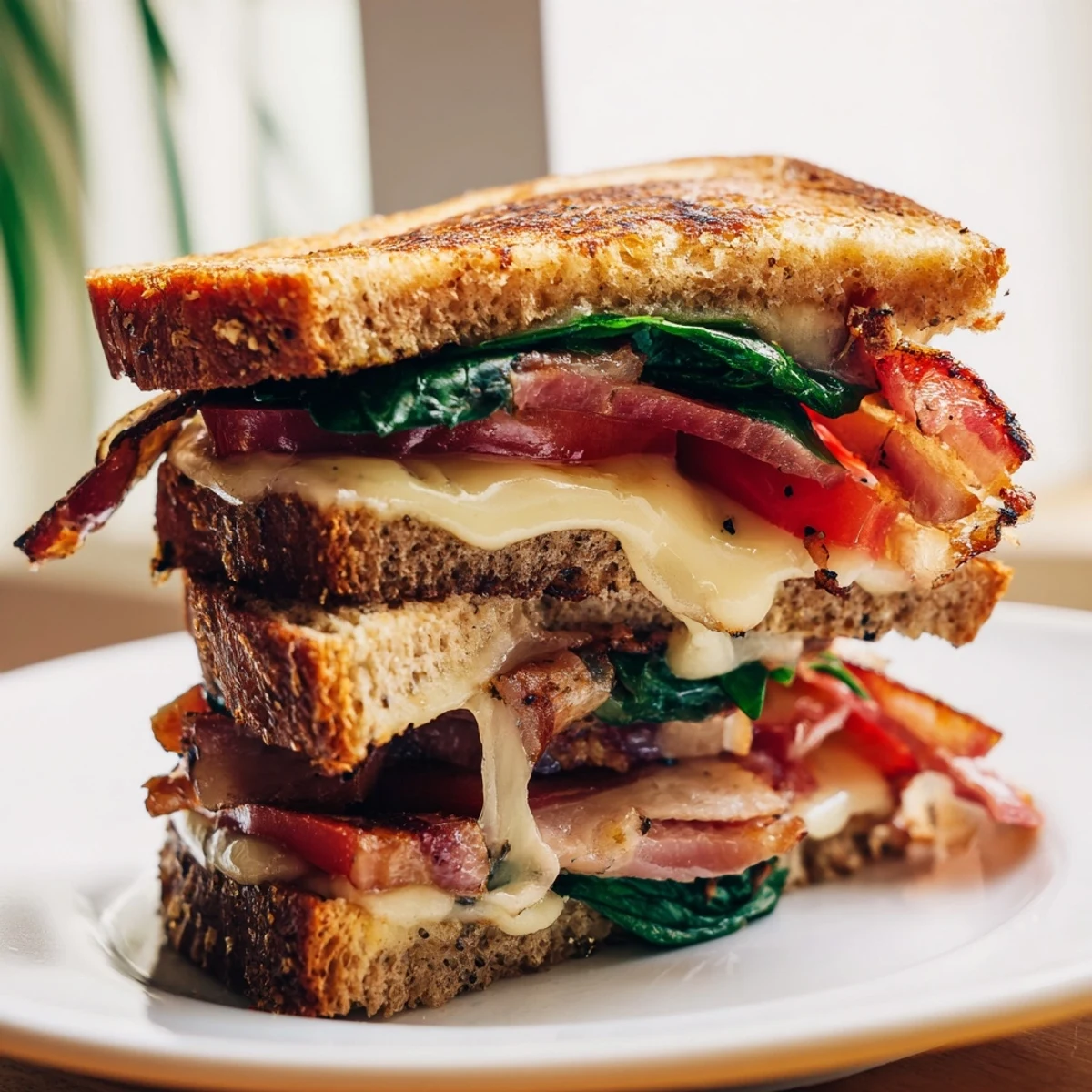 Golden, toasted Turkey Bacon, Spinach & Tomato Grilled Cheese sandwich, a healthy protein powerhouse.