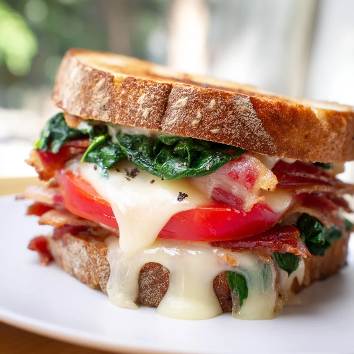 Fresh tomatoes and spinach inside the satisfying Turkey Bacon, Spinach & Tomato Grilled Cheese.