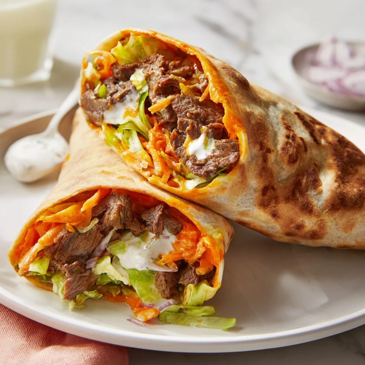 Crispy Air Fryer Buffalo Turkey Christmas Wraps, stuffed with juicy turkey, ranch, and cheese.