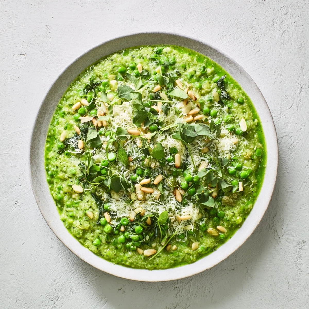 A beautiful bowl of Green Pea & Spinach Pasta, vibrant green sauce coats the protein pasta expertly.