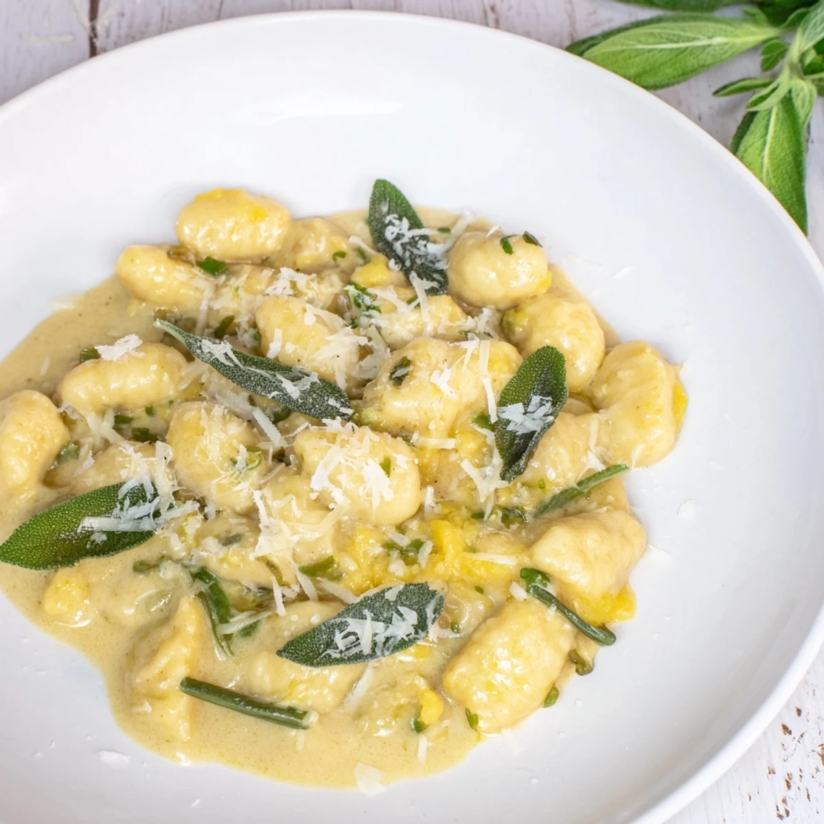 Close-up of One-Pot Creamy Pumpkin Sage Gnocchi; the sauce coats each pillowy gnocchi.