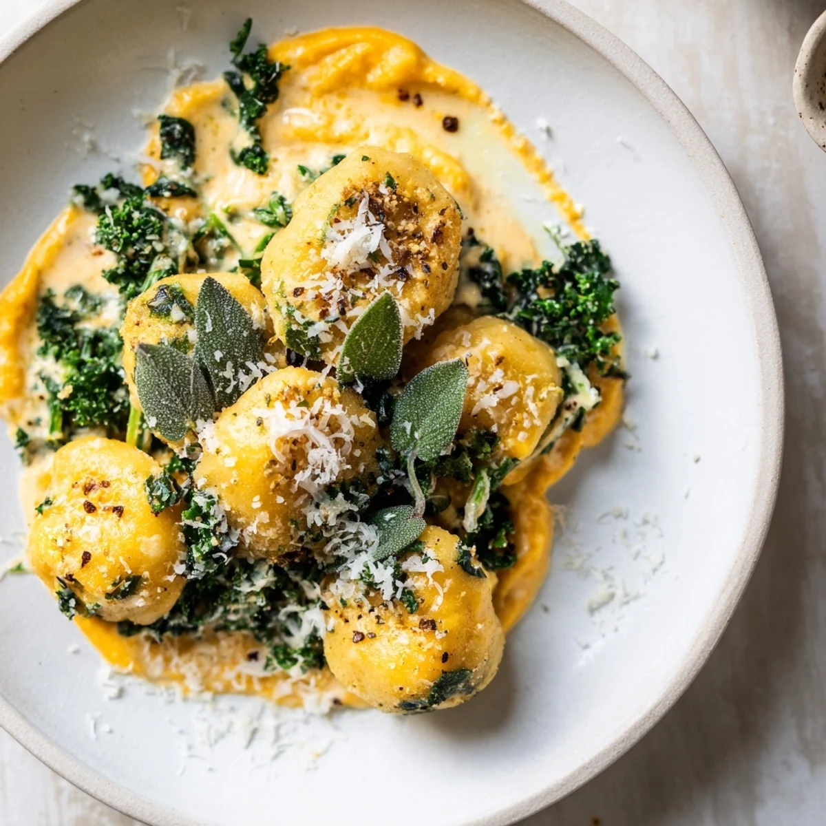 A steaming bowl of One-Pot Creamy Pumpkin Sage Gnocchi, garnished with crispy sage.