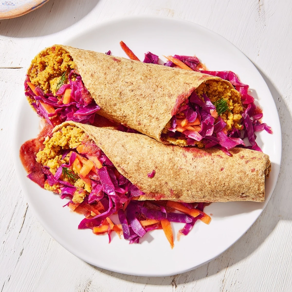 Plate of BBQ Chickpea & Slaw Holiday Wraps, overflowing with colorful slaw and smoky, tender chickpeas.