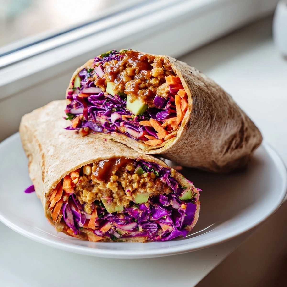 Close-up of a halved BBQ Chickpea & Slaw Holiday Wrap, showcasing layers of fresh ingredients and vibrant colors.