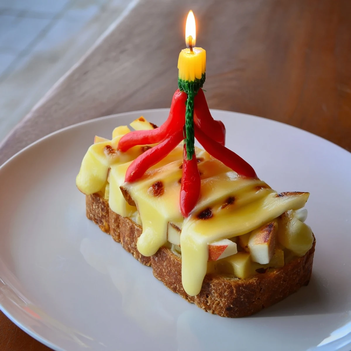 Golden-brown Brie, Apple & Honey Christmas Candle Grilled Cheese, oozing melted cheese and honey, ready to eat.