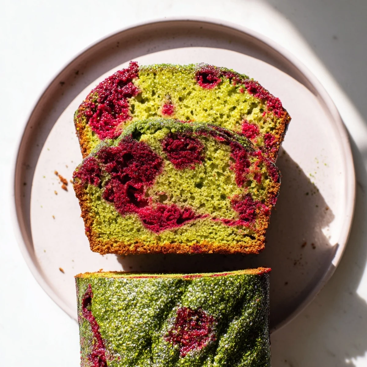 Moist Red & Green Swirl Matcha Marble Pound Cake with vibrant matcha and berry swirls offers a delicious treat.