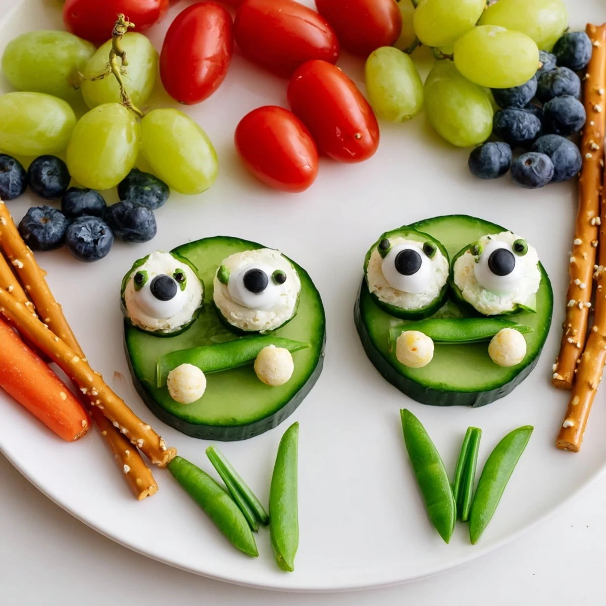 Frog Pond Snack Tray featuring whimsical frog-shaped snacks with cucumber lily pads and colorful fruit.