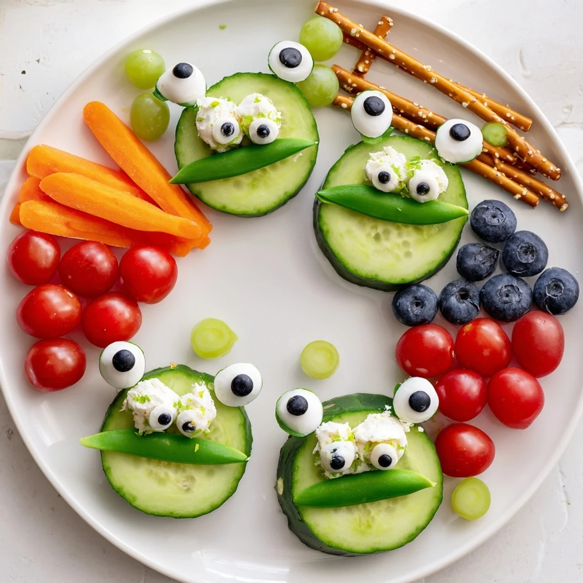 This creative Frog Pond Snack Tray includes mozzarella frogs on cucumber lily pads, ready to delight kids.