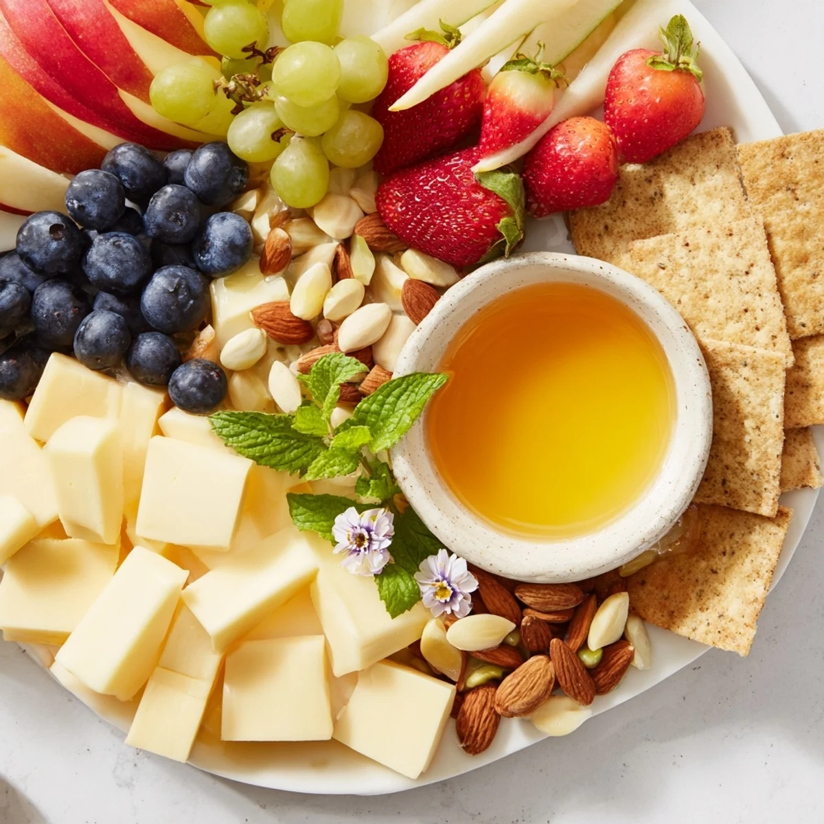 A close-up of a beautifully arranged Bears Honey Pot Board, perfect for a party appetizer.