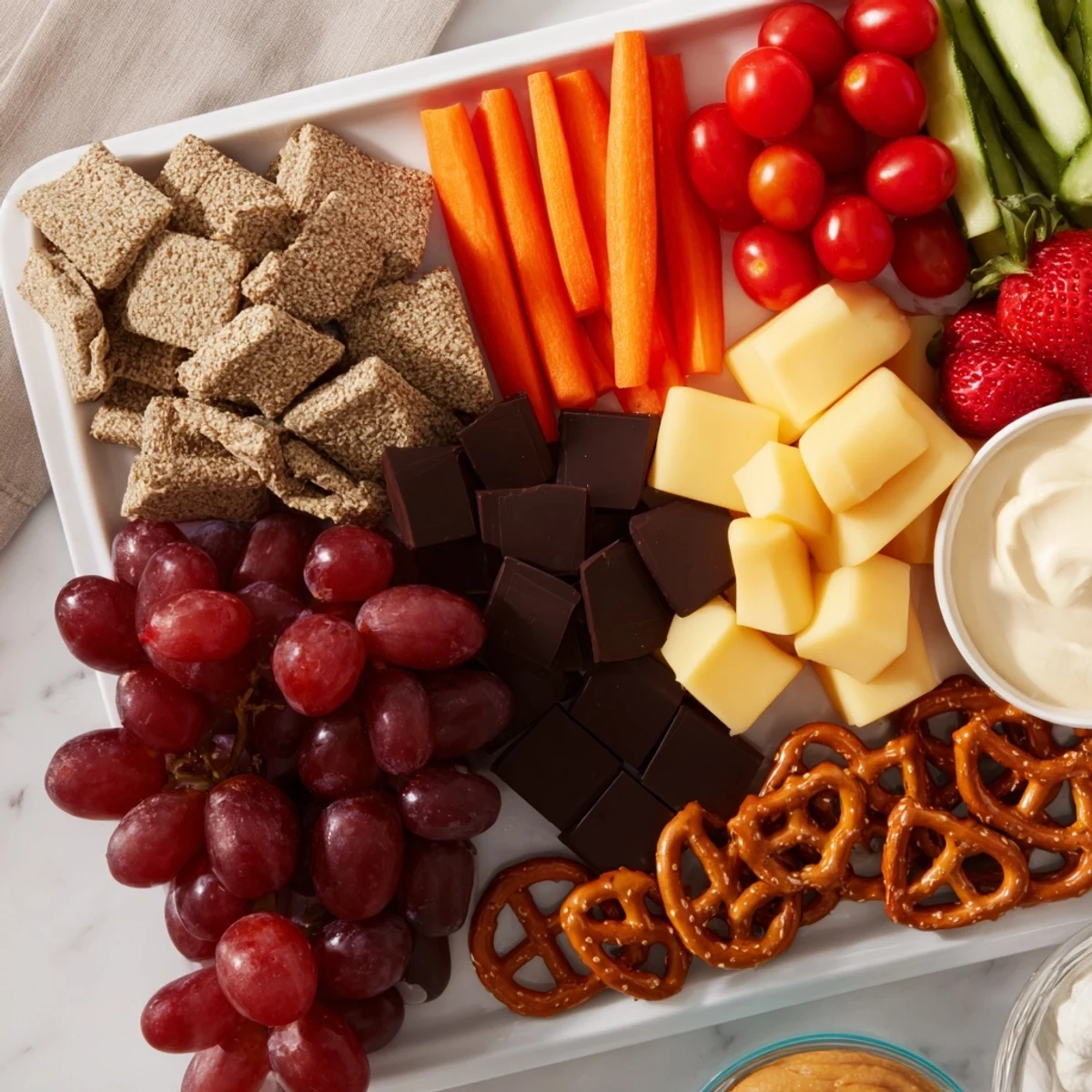 Delightful Fox & Friends snack tray arrangement: colorful fresh veggies and cheese cubes alongside grapes.