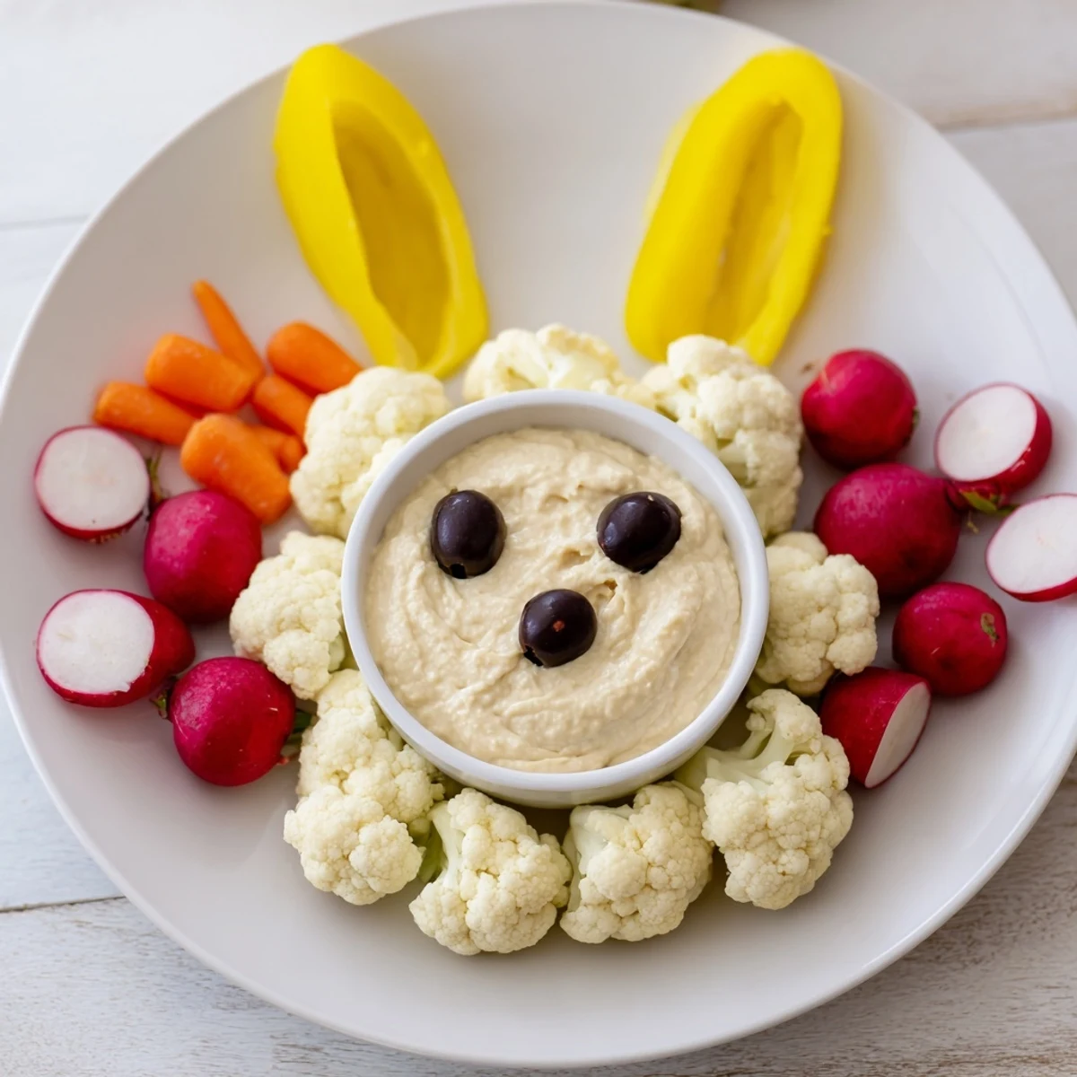 A vibrant Bunny Meadow Veggie Board with colorful vegetables and creamy dip, ready to eat.