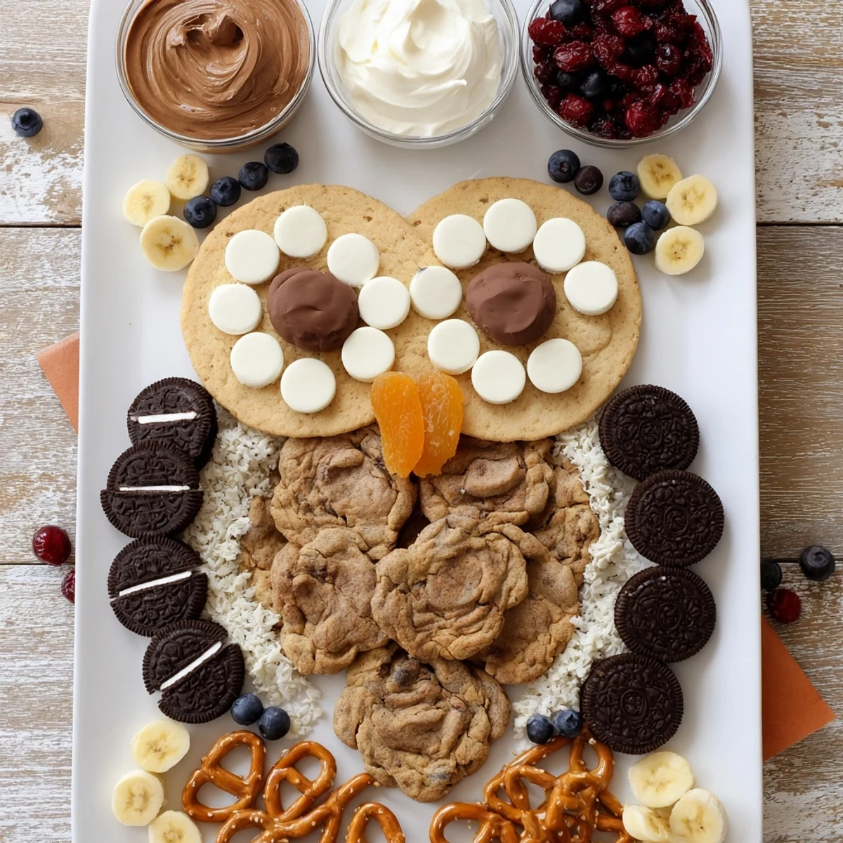 A beautifully arranged Owl Hooting Dessert Board with chocolate, cookies, and other sweet treats.