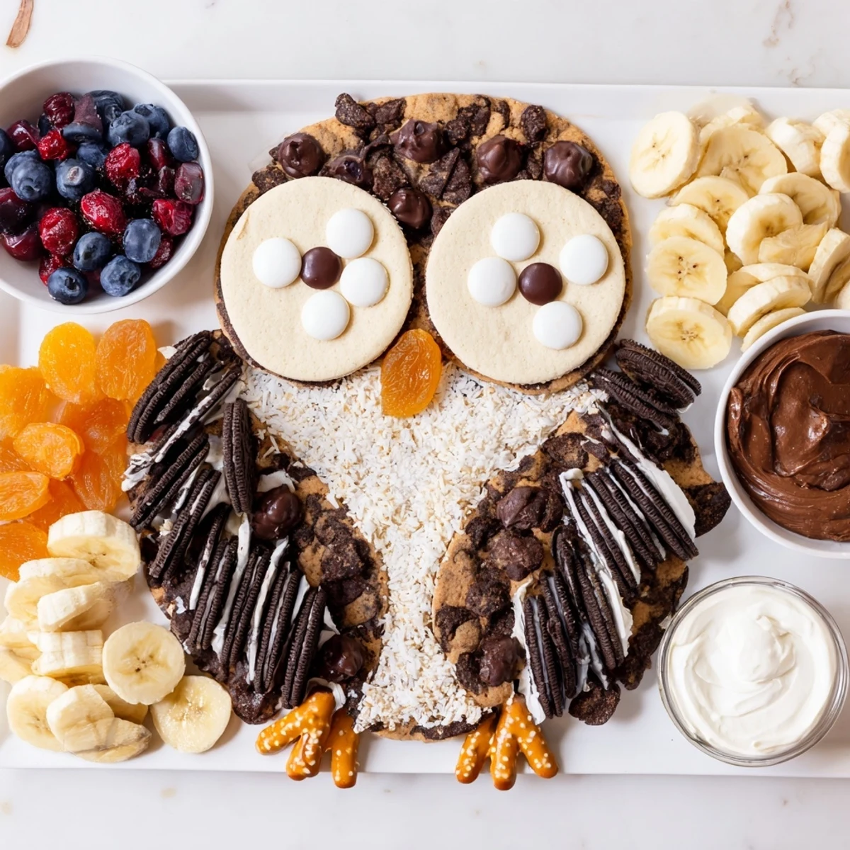 Imagine a vibrant Owl Hooting Dessert Board, perfect for sharing with an assortment of delectable desserts.
