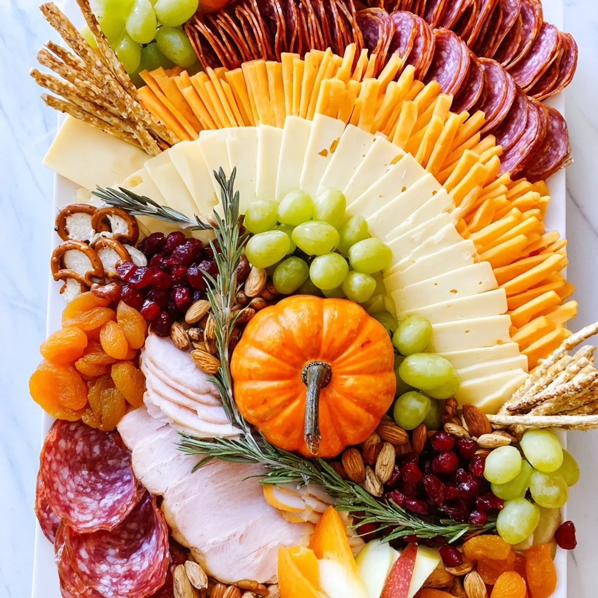 Thanksgiving Wheat Field Turkey Board charcuterie board, a delicious spread of meats and cheeses.