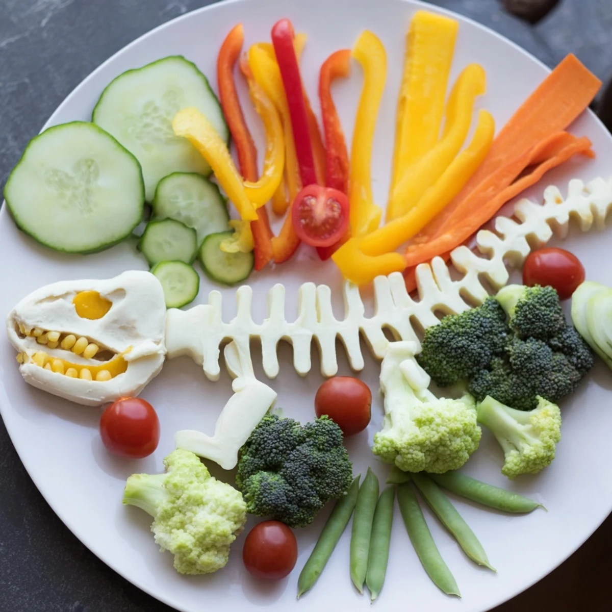 Dino-Mite Dinosaur Fossil Crudités: a colorful vegetable platter with carrot "bones" and vibrant bell pepper shapes, ready to dip.