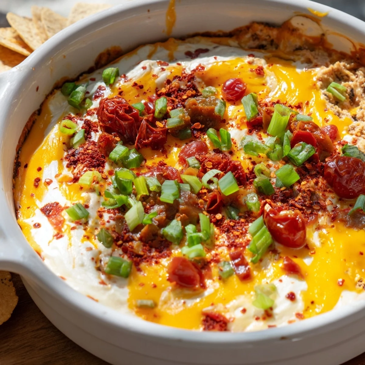 The savory Lava Flow Volcano Dip platter with cheese "lava," surrounded by crispy chips and cooked sausage.