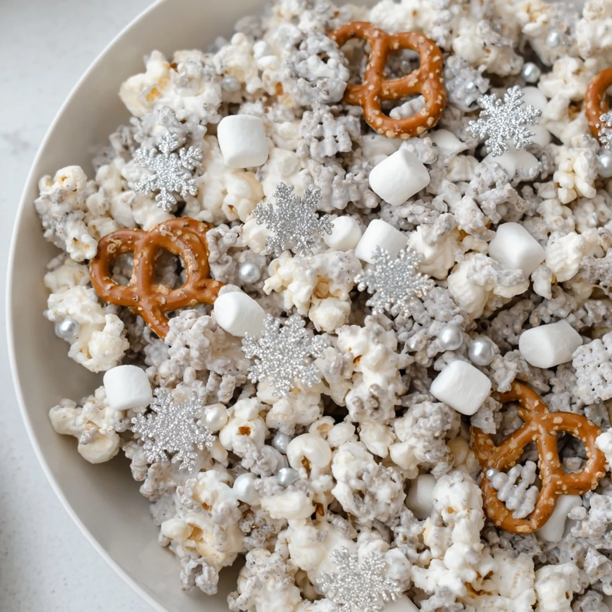 Festive Ski Season Snowflake Snack Mix, coated in white chocolate and covered in shimmering sprinkles, ready to serve.