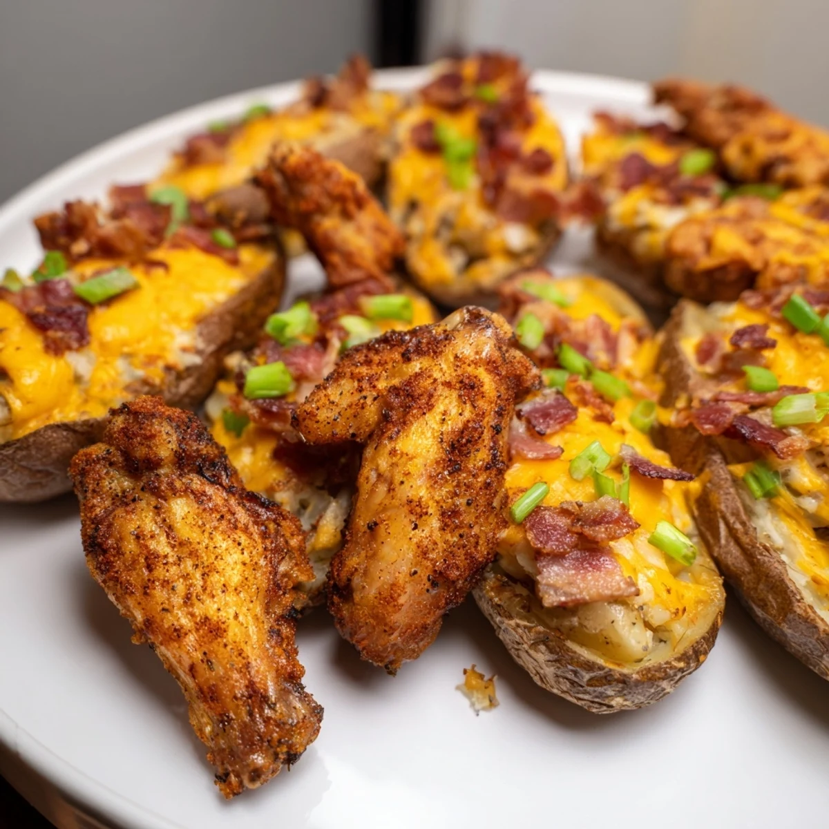 A delicious Touchdown Football Tailgate Spread with crispy wings, cheesy potato skins, and smoky sausages.