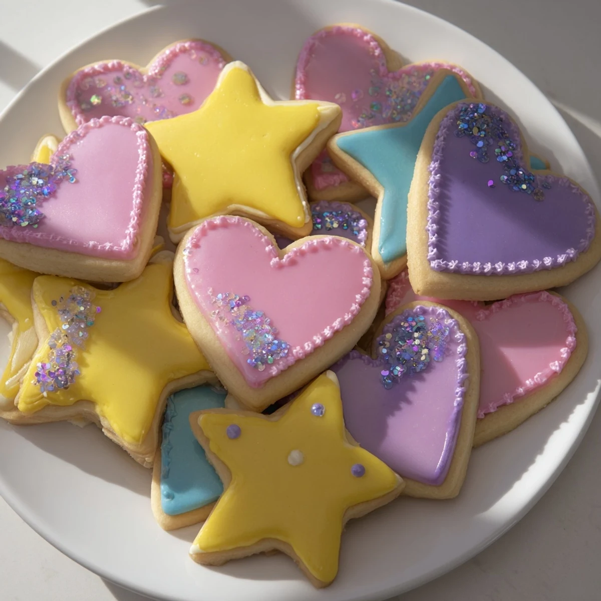 Sparkling, heart and star Princess Palace Treats sugar cookies iced with pastel royal icing are a delightful dessert.