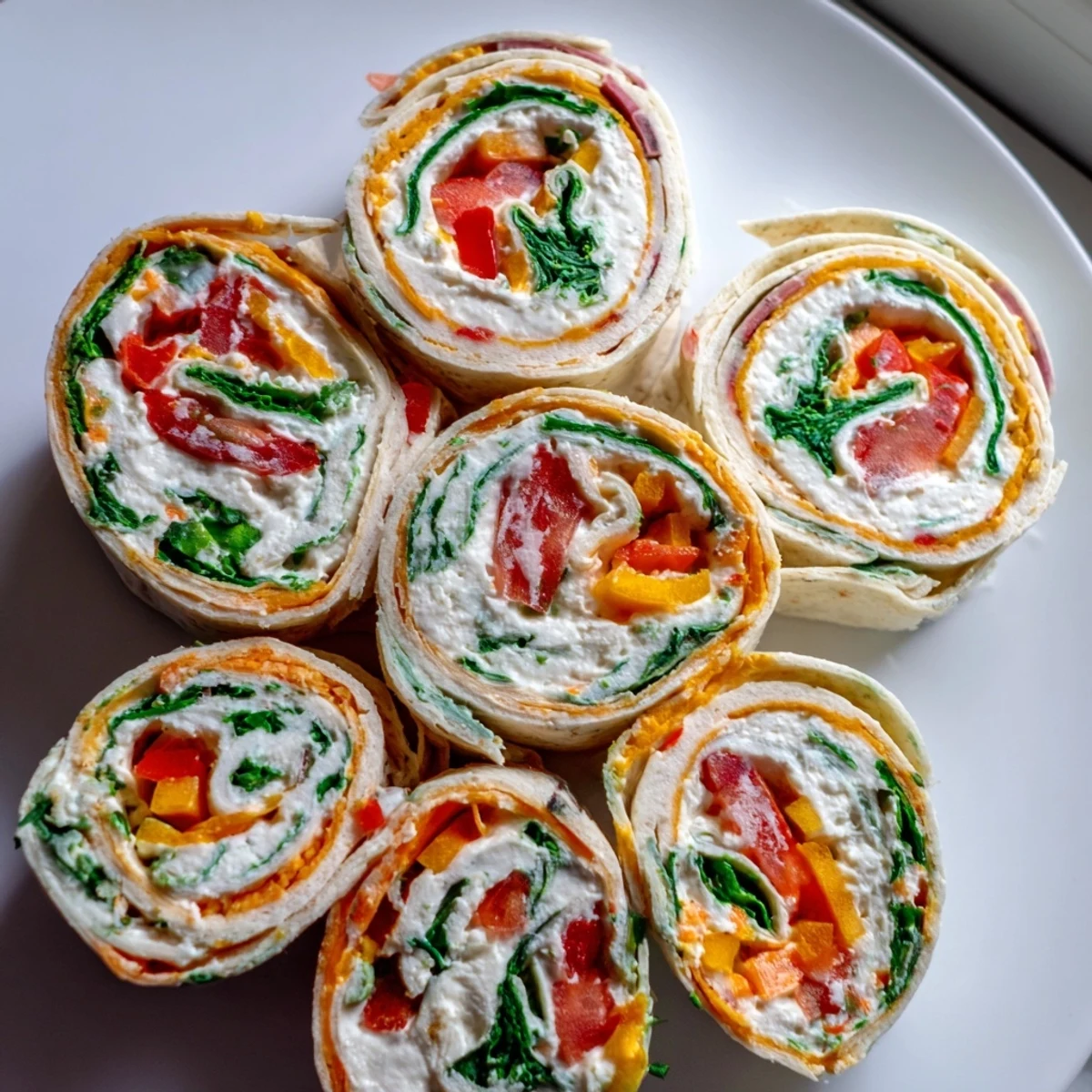 Vibrant Cozy Scarf Holiday Pinwheel Wraps arranged on a platter, showcasing colorful veggie fillings, ready to serve.