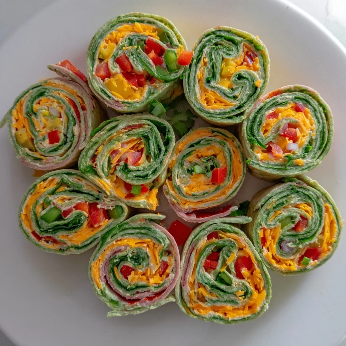 Freshly sliced Cozy Scarf Holiday Pinwheel Wraps reveal layered filling, a perfect appetizer for a party.