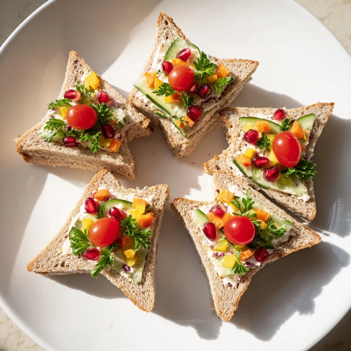 Golden-hued Crown Jewels Star-Shaped Sandwiches with a vibrant vegetable filling, ready to enjoy at any gathering.