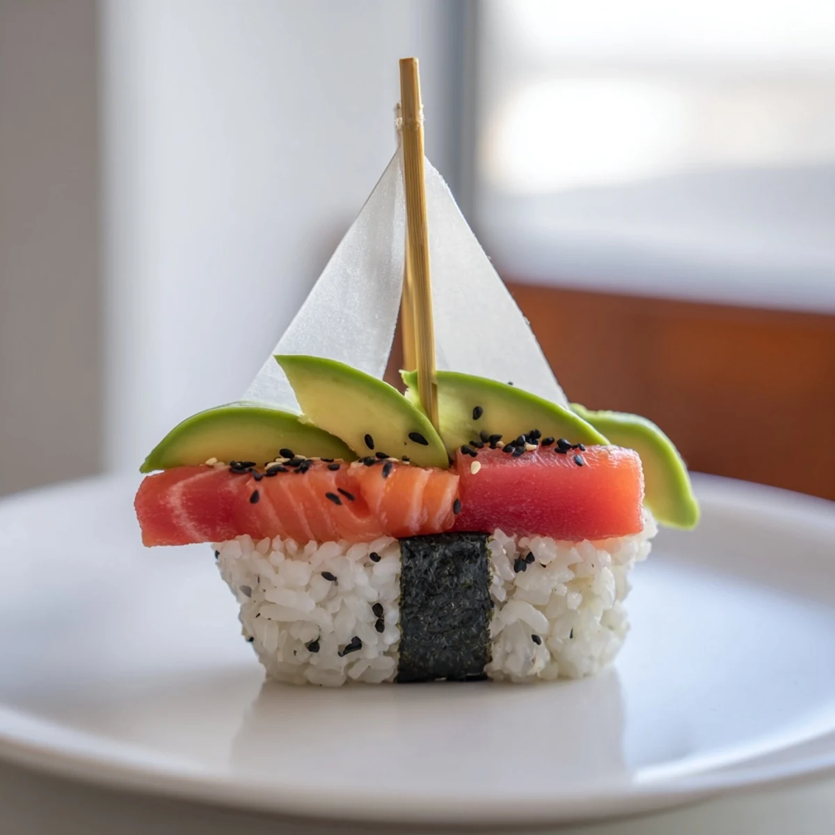 Fresh sushi sailboats at sea, showcasing colorful fish, vegetables, and sesame seeds, a playful appetizer.