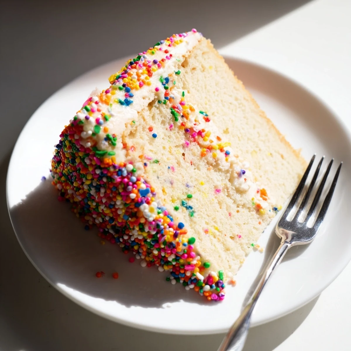 A generous slice of Happy Birthday Cake, frosted richly with buttercream and colorful sprinkles.