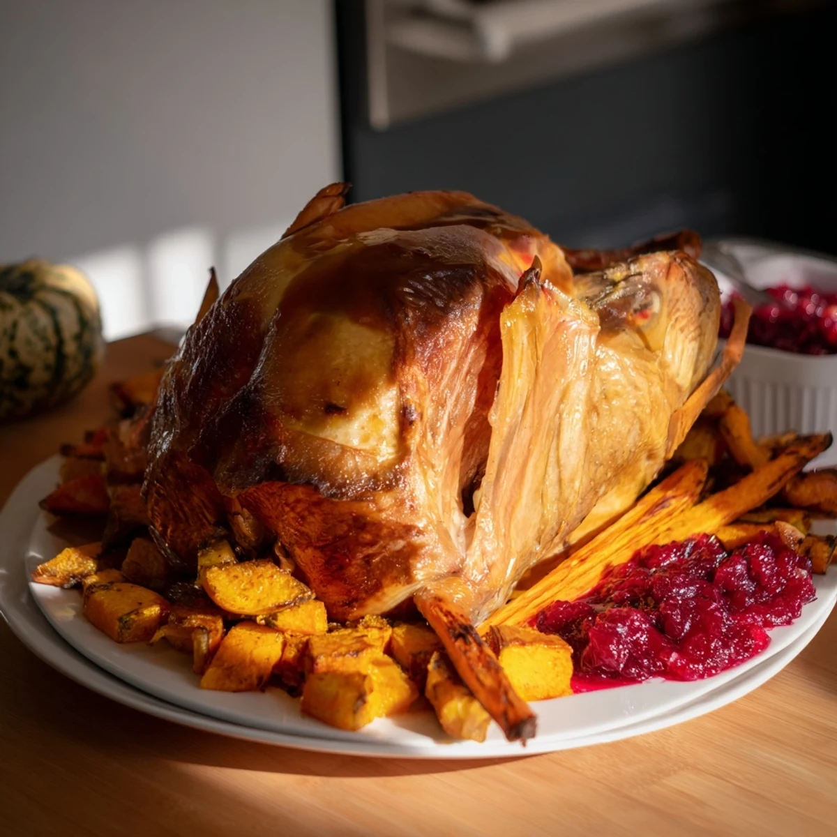 A delicious Harvest Turkey Platter offers slices of expertly cooked turkey with carrots and sweet potatoes.
