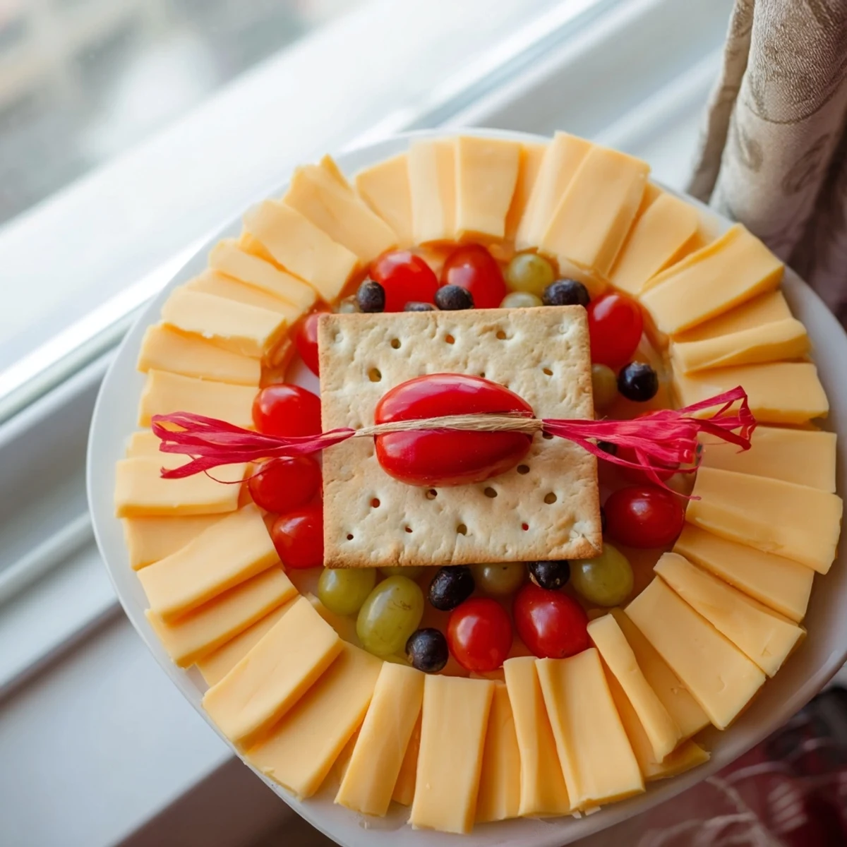 An appetizing platter shaped like a graduation cap with colorful garnishes and fresh chives.