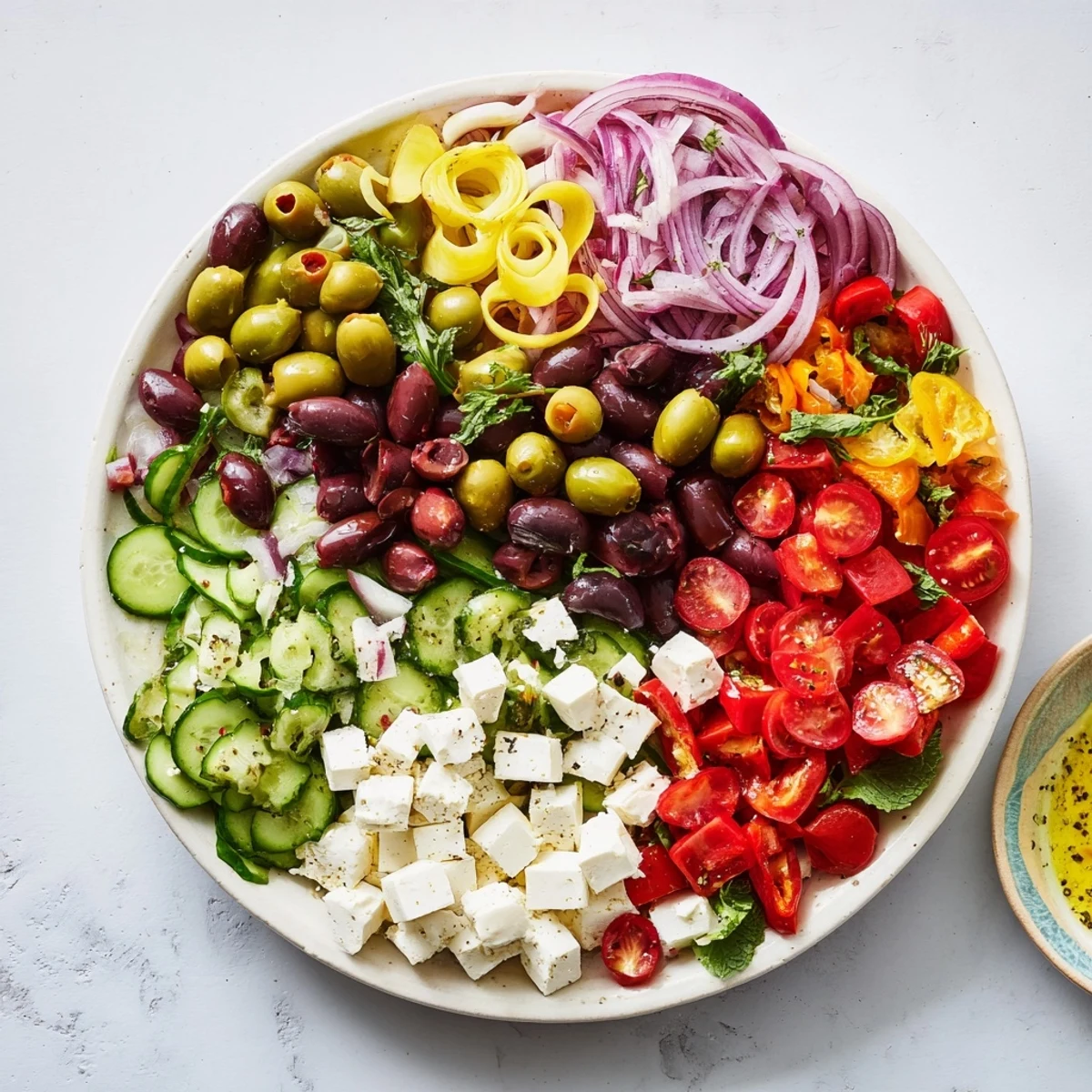 Colombe de la Paix Olive Platter: a vibrant appetizer dove with olives, cheese, and fresh vegetables displayed.