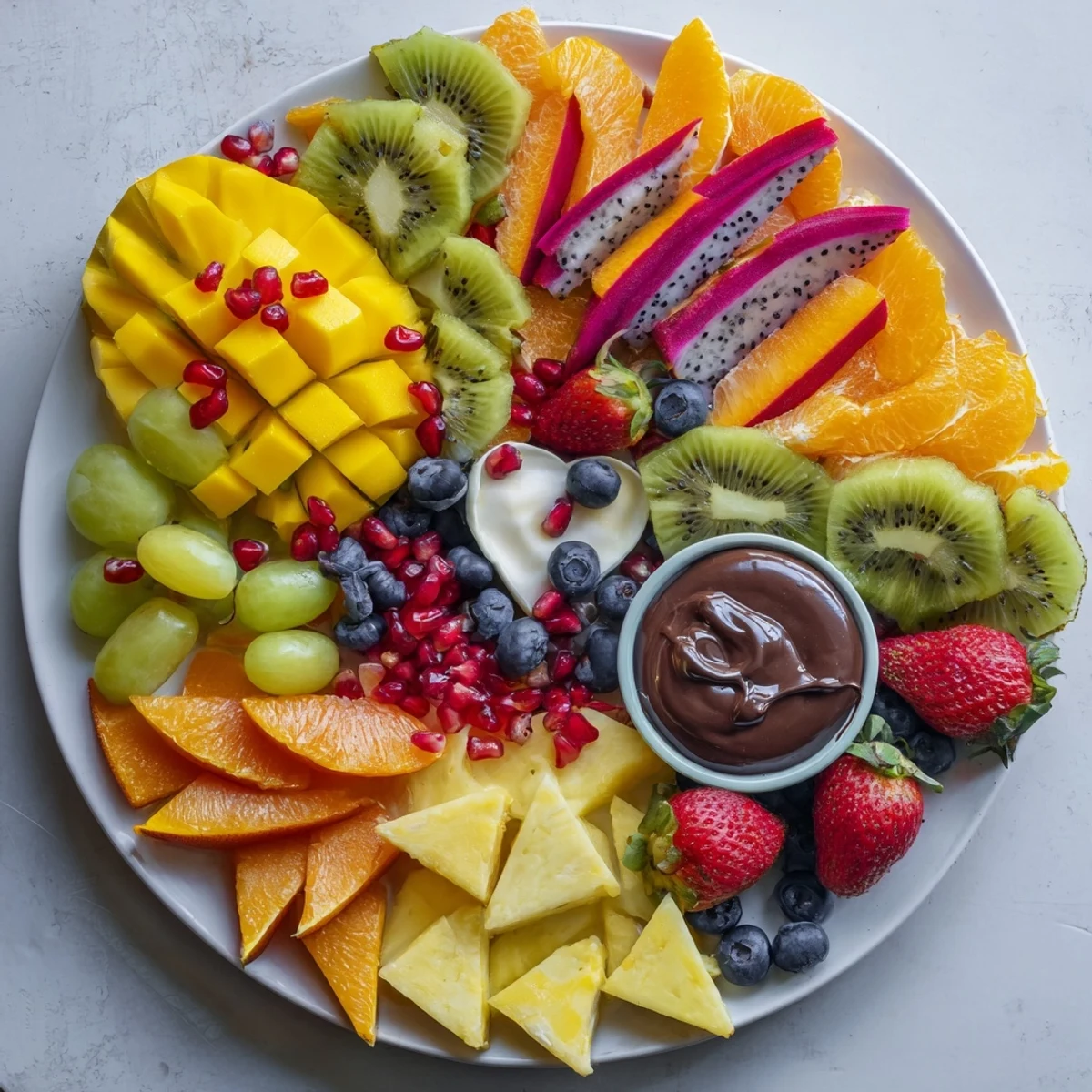 A colorful Dragon Scales Fruit and Dip Board with luscious fruit and sweet, creamy dips ready.