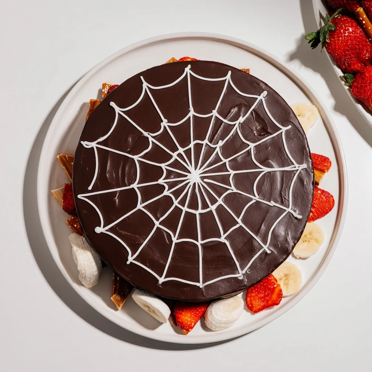 A creamy, dark Spiderweb Chocolate Ganache Board with a delicate white chocolate spiderweb design for Halloween.