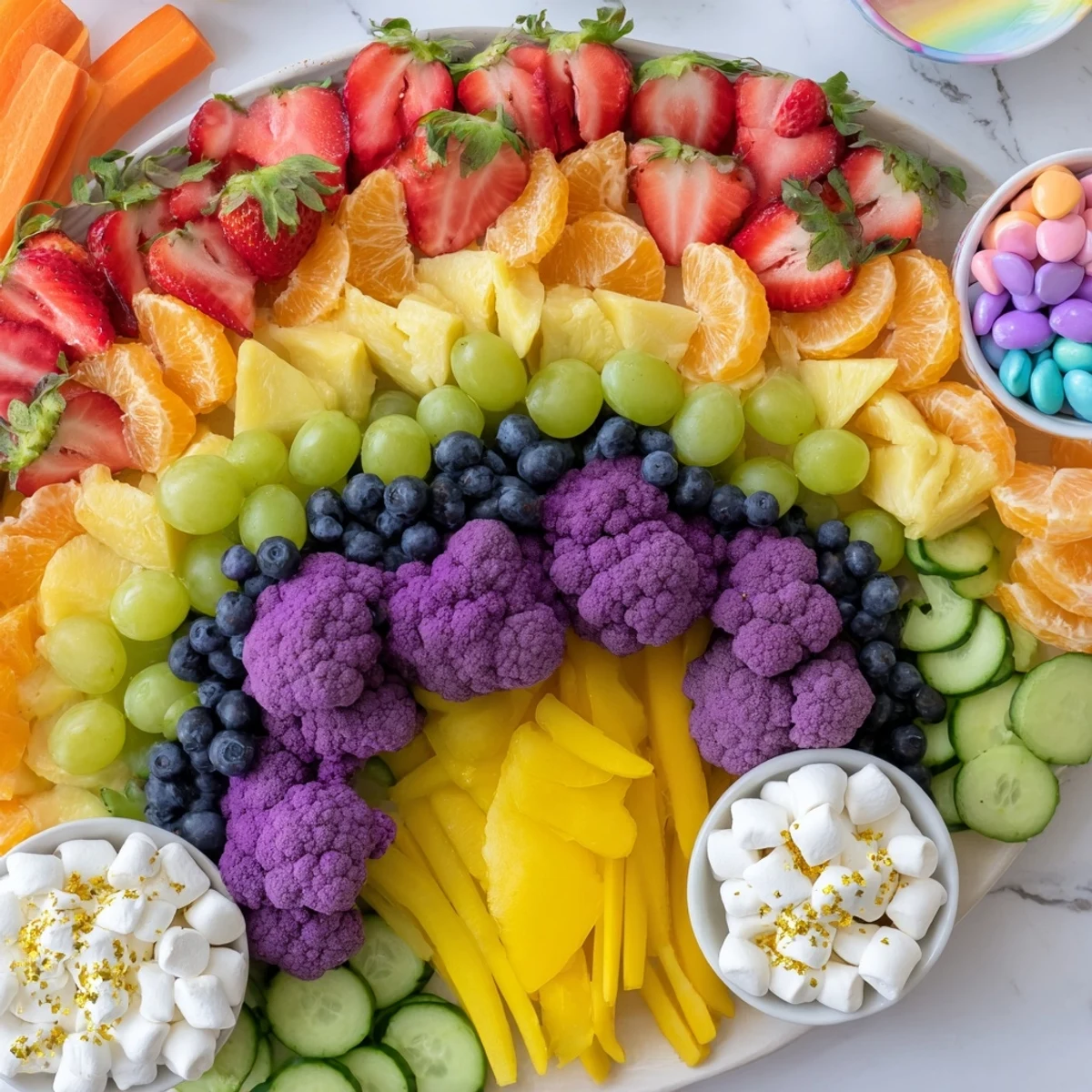 A colorful, Magical Unicorn Rainbow Snack Board displaying fresh fruits and veggies, ready to dip.
