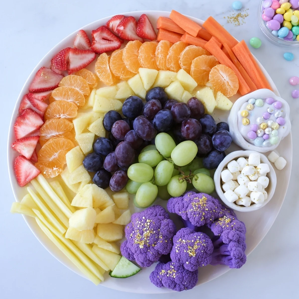This vibrant Magical Unicorn Rainbow Snack Board offers a delightful array of colorful party treats.