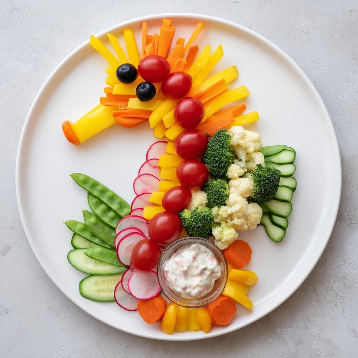 Vibrant Seahorse Veggie Dip Platter: a colorful, edible art appetizer for your party guests.