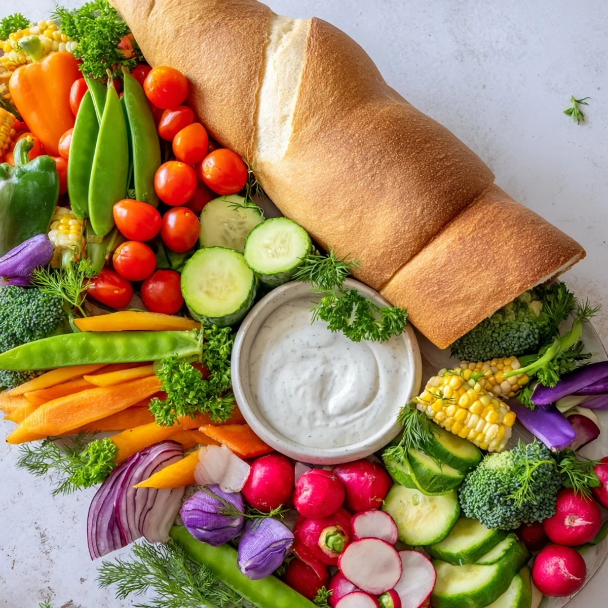 This healthy Cornucopia Veggie Board showcases a beautiful assortment of raw vegetables ready to dip and enjoy.