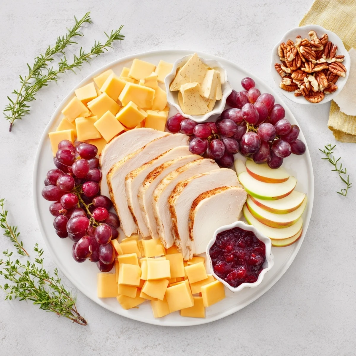 A beautiful Turkey Cheese and Cracker Board boasting roasted turkey, cheeses, and cracker arrangements for sharing.