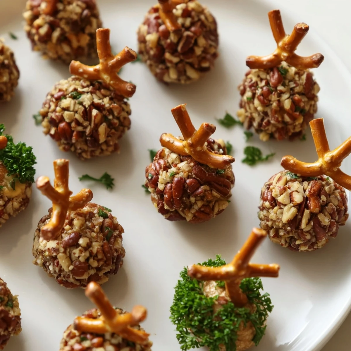 Mini acorn-shaped Acorn Cheese Ball Bites, coated in nuts and herbs, ready for serving on a platter.
